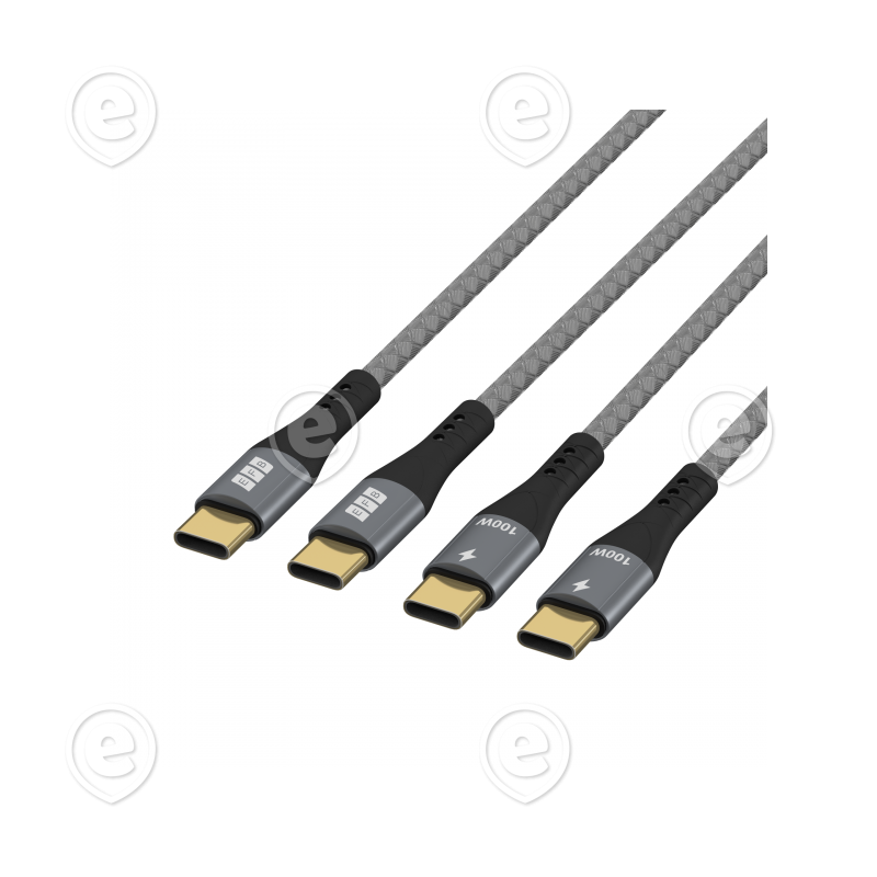 USB-C kaablitekomplekt 100W PD 3.0 5A E-Marker Chip  2x1m , hall tekstiil