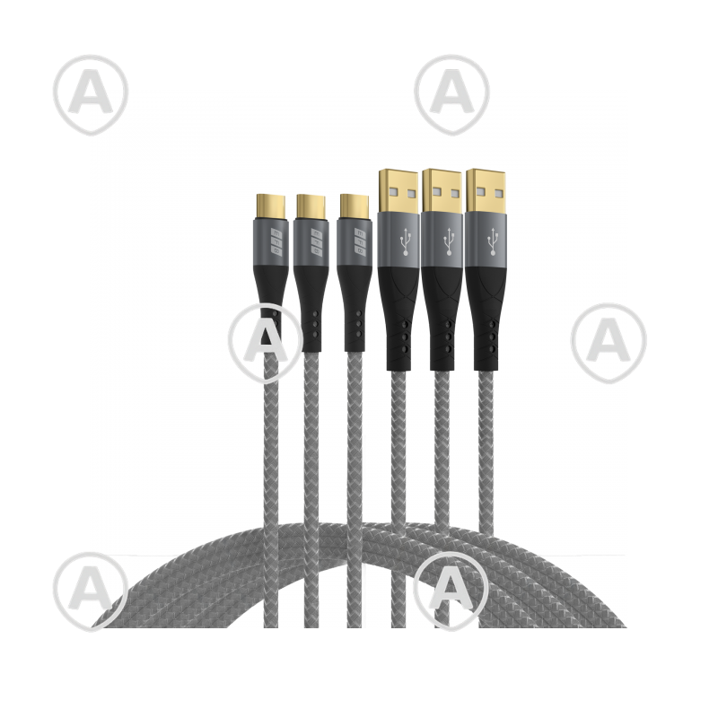 USB-A - USB-C kaablid 60W QC 3A 3x2,0m, hall tekstiil