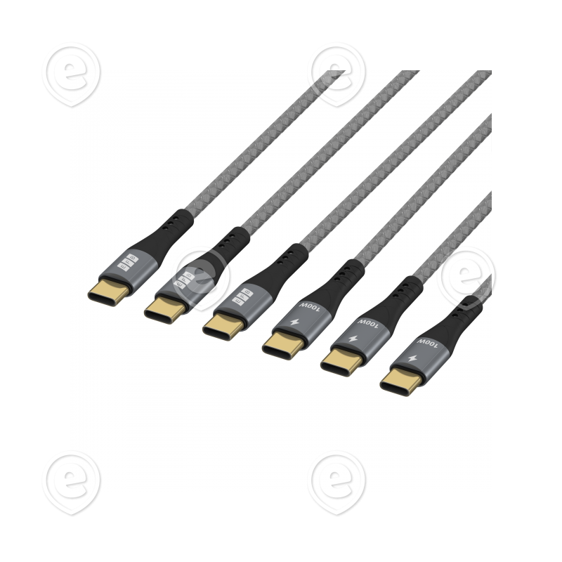 USB-C kaablitekomplekt 100W PD 3.0 5A E-Marker Chip  1x 0.5m+1m+2m , hall tekstiil