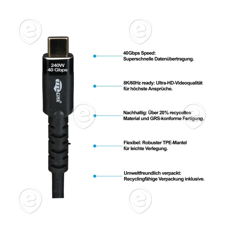USB4 Gen 3x2 kaabel 240W/5A 8K60Hz 2,0m, TPE isolatsioon, must 