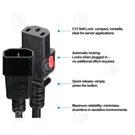 Toitejuhe 5,0m C13 (180°) lukustiga–C14 (180°), H05VV-F 3x1,00mm², must                                                                                                                             