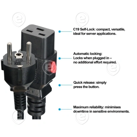 Toitejuhe 2,0m C19 (180°) lukustiga–Schuko (180°), H05VV-F 3x1,50mm², must                                                                                                                             