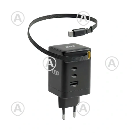 100W 2xUSB-C + USB-A laadija sissetõmmatava kaabliga 0,7m