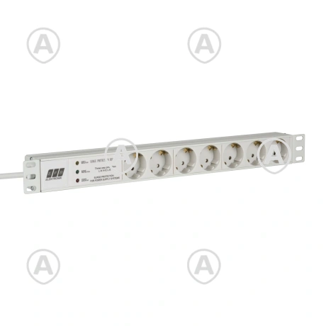 Toitepaneel 7-kohaline ülepingekaitsmega, (alumiinium), CEE 7/3 pesad, 16A, kaabel 2m Schuko pistik, 230V, värvus 7035                                                                                           