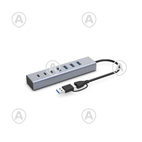 USB 3.0 Hub 7-Port, 4x USB-A + 3x USB-C, 5Gbps Al, 15W toide, USB-C/USB-A