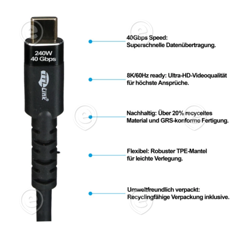 USB4 Gen 3x2 kaabel 240W/5A 8K60Hz 2,0m, TPE isolatsioon, must 